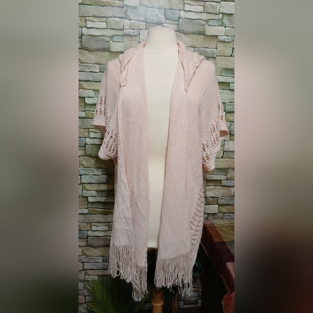 Anne Klein Pink Fringe Hooded Cardigan One Size Cottagecore